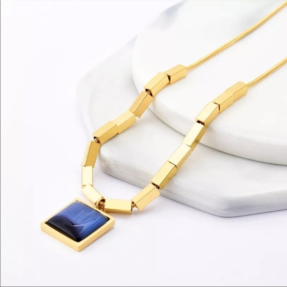New Blue Opal 18K Gold Plated Chain Necklace - Picture 5 of 11